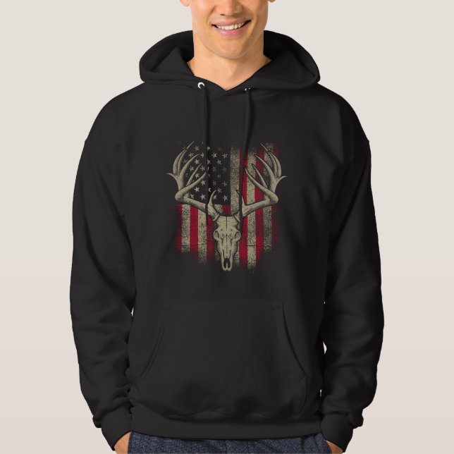 Deer Skull Hunter American Flag Deer Hunting USA Hoodie (Front)