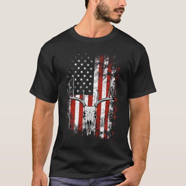 Deer Skull With Antlers And American Flag T Shirt (Front)