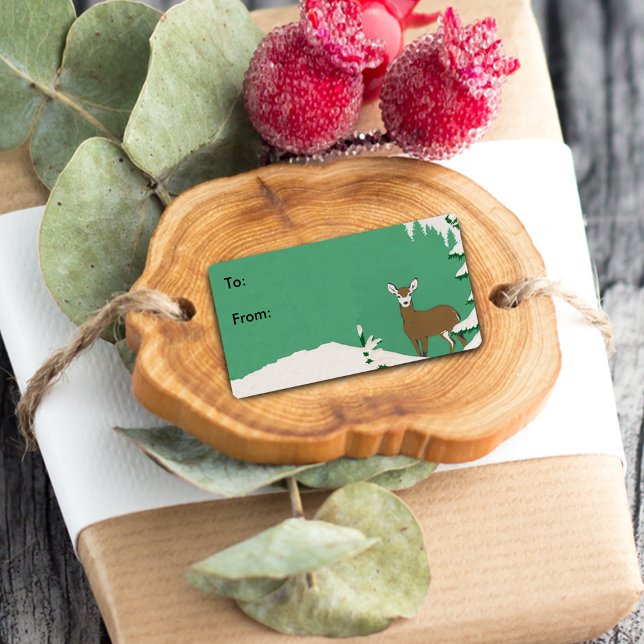 Deer Snow Winter Scene Gift Tag (Gift tag label / sticker with brown female doe deer in snow on mint green.)