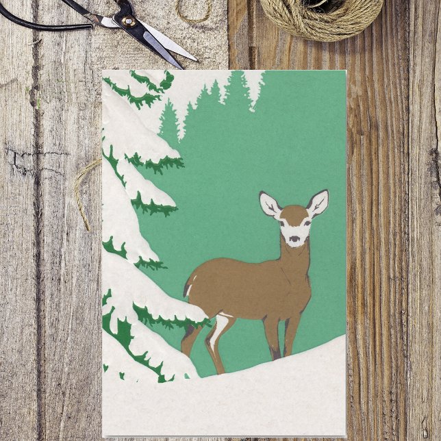 Deer Snow Winter Scene Pine Tree Tissue Paper (White faces brown female deer in the snow by pine tree on mint green wrapping tissue paper.)