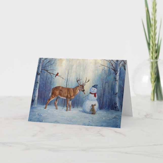 Deer & Snowman Christmas Snow Holiday Card (Front)