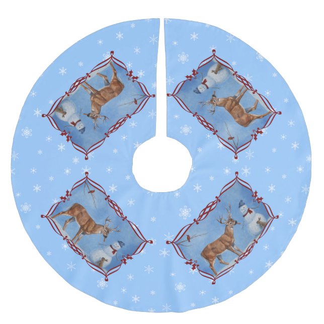 Deer & Snowman Christmas Snowflakes Brushed Polyester Tree Skirt (Front)