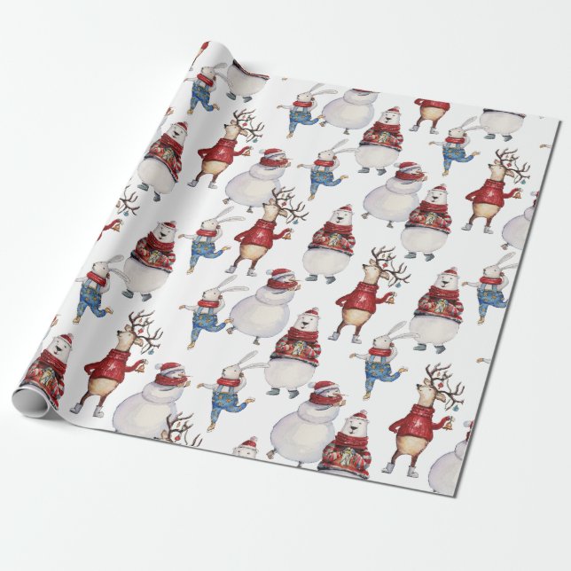 Deer Snowman Rabbit Bear Christmas Holiday Gift Wrapping Paper (Unrolled)