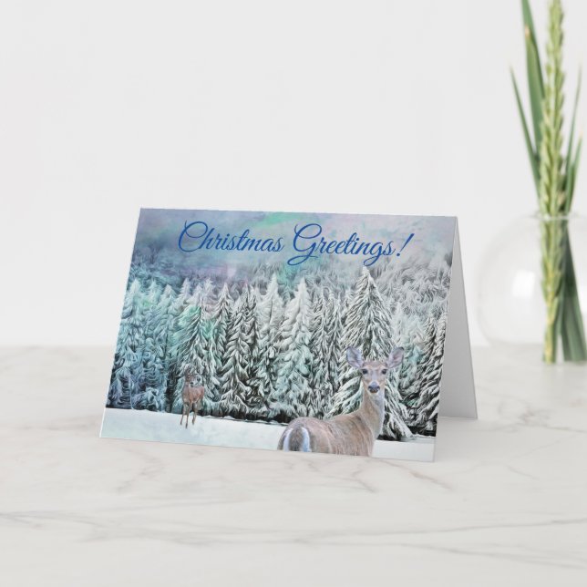 Deer Snowy Blue Christmas Card (Front)