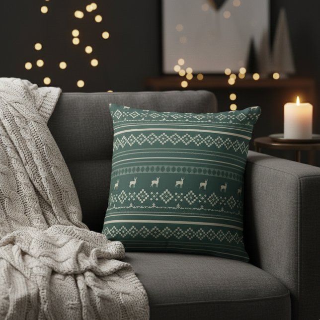 Deer Spruces and Diamonds Green Christmas Sweater  Cushion (Deer Spruces and Diamonds Green Christmas Sweater Throw Pillow)