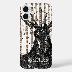 Deer Stag Birch Tree linen Your Name or Quote iPhone 16 Plus Case