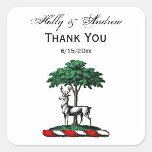 Deer Stag by Tree Heraldic Crest Emblem Square Sticker