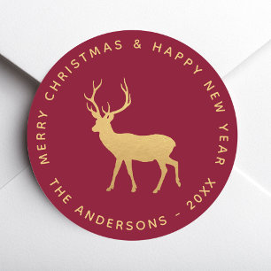 Deer Stag Christmas Burgundy Faux Gold Elegant Classic Round Sticker