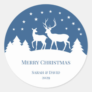 Deer Stag & Doe Blue White Christmas Classic Round Sticker