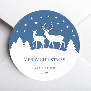 Deer Stag & Doe Blue White Christmas  Classic Round Sticker