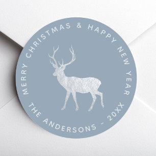 Deer Stag Dusty Blue Faux Silver Elegant Christmas Classic Round Sticker