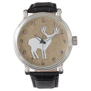 Deer Stag Silhouette on Leaf Pattern Background Watch