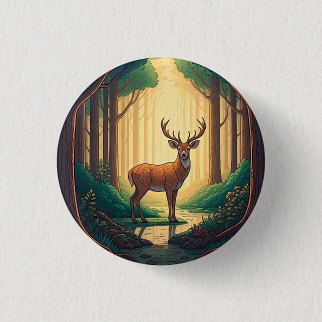 Deer standing by a stream in a forest 3 cm round badge (Front)