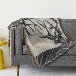 Deer Steam Punk and Floral Abstract Pattern Throw Blanket