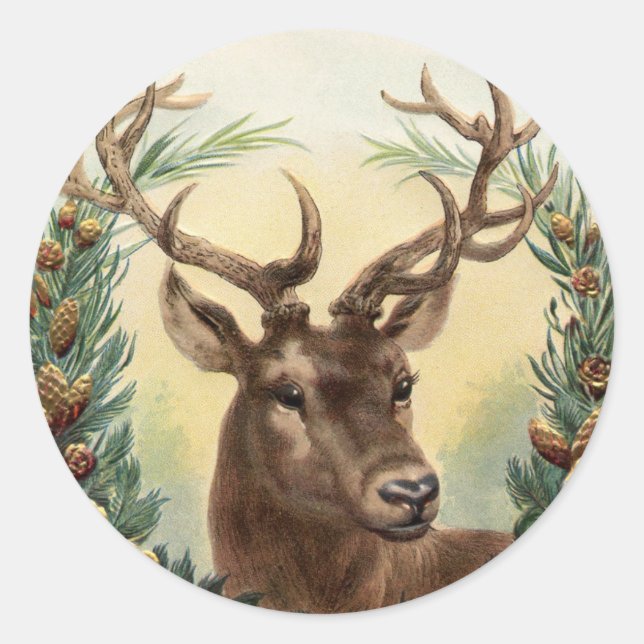 DEER Sticker, Fall Scene with Deer Classic Round Sticker (Front)