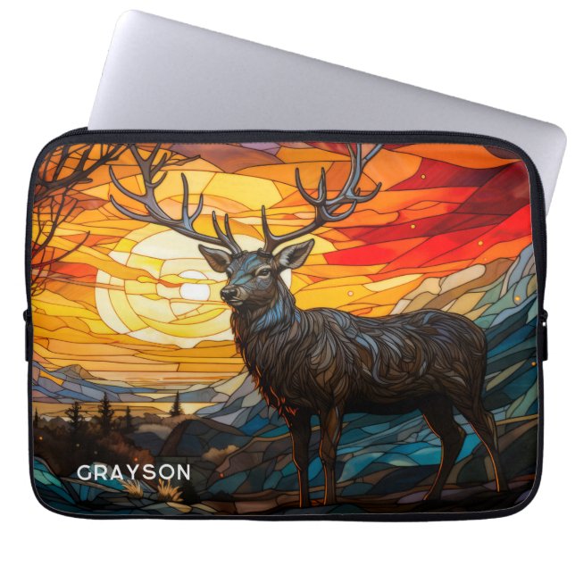 Deer Sunset Woodland Mountains Personalised Name Laptop Sleeve (Front)