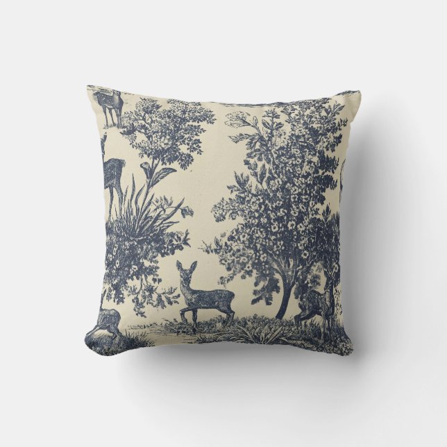 Deer Toile Pattern Woodland Scenic Botanical Cushion (Front)