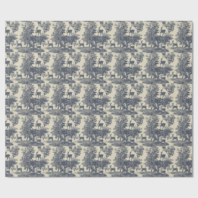 Deer Toile Pattern Woodland Scenic Botanical Wrapping Paper (Flat)
