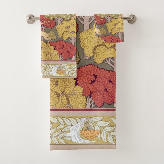 Deer &Tree,Squirrel,Bird,Rowan Berries Art Nouveau Bath Towel Set (Insitu)
