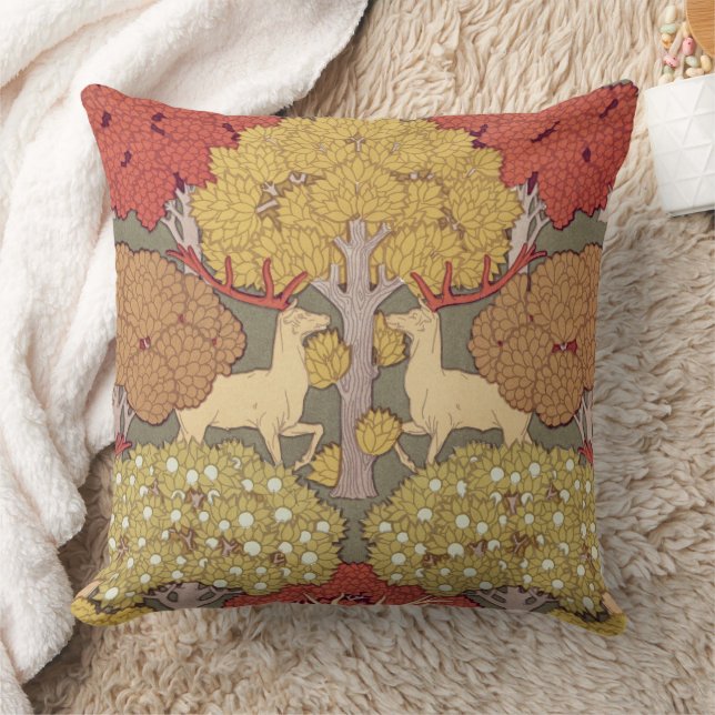 Deer &Tree,Squirrel,Bird,Rowan Berries Art Nouveau Cushion (Blanket)