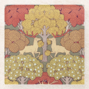 Deer &Tree Squirrel Bird Rowan Berries Art Nouveau Glass Coaster