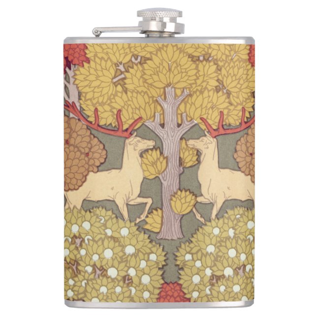 Deer &Tree Squirrel Bird Rowan Berries Art Nouveau Hip Flask (Front)