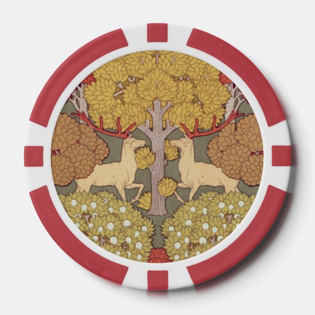 Deer &Tree,Squirrel,Bird,Rowan Berries Art Nouveau Poker Chips (Front)