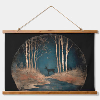 Deer under a crescent moon, northern birch forest hanging tapestry
