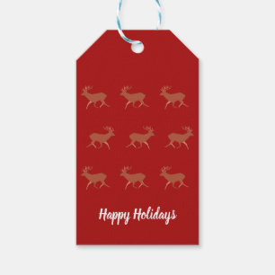 Deer Walking Festive Pattern Red Brown Background Gift Tags