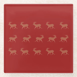 Deer Walking Festive Pattern Red Brown Background Glass Coaster