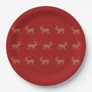 Deer Walking Festive Pattern Red Brown Background Paper Plate