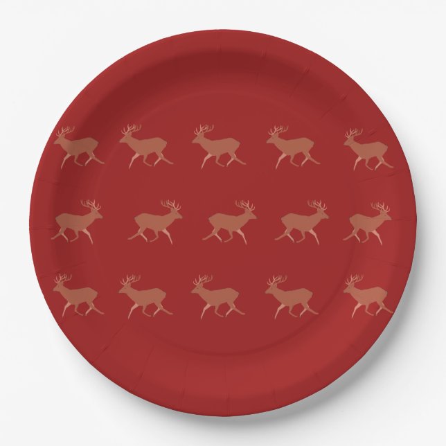 Deer Walking Festive Pattern Red Brown Background Paper Plate (Front)