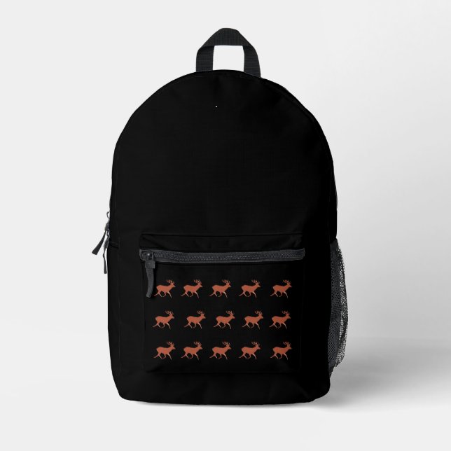 Deer Walking Nordic Pattern Black Background Printed Backpack (Front)
