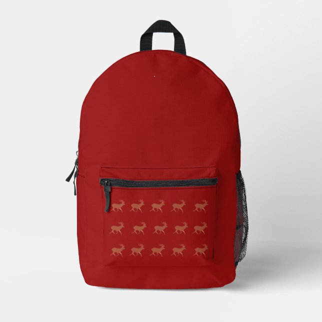 Deer Walking Nordic Pattern Red Brown Background Printed Backpack (Front)