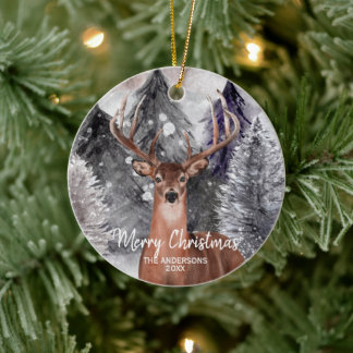 Deer Watercolor Buck in Forest Christmas Ornament