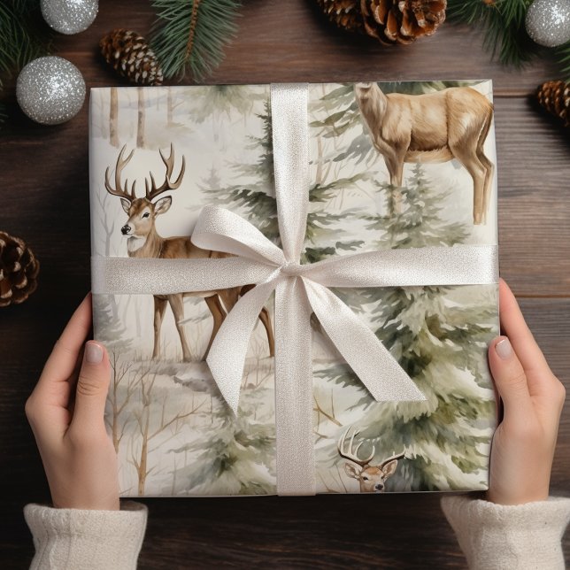 Deer Watercolor  Sage Green Winter Forest Wrapping Paper Sheet (Creator Uploaded)