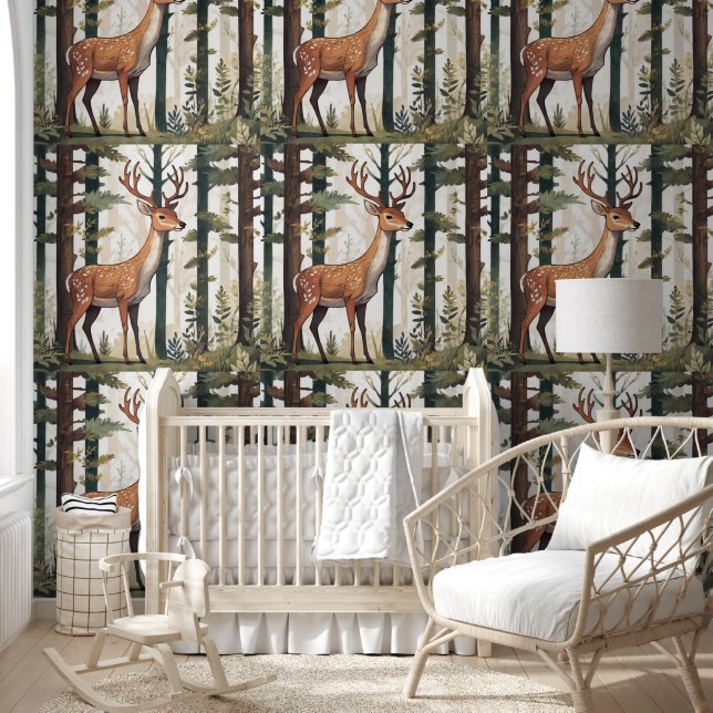 Deer Whimsical Forest Animal Patterns Trees Scenic Wallpaper (Kids)