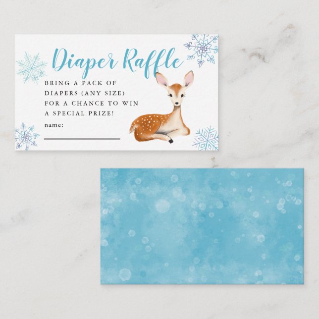 Deer Winter Baby Shower Blue Diaper Raffle Ticket Enclosure Card (Front/Back)