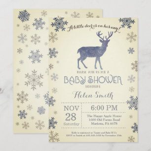 Deer Winter Blue Boy Baby Shower Snowflake Invitation