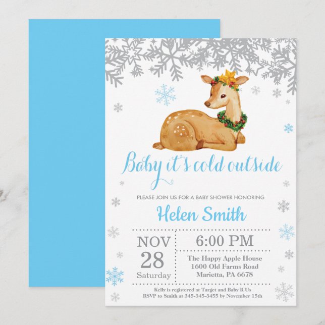 Deer Winter Blue Boy Baby Shower Snowflake Invitation (Front/Back)