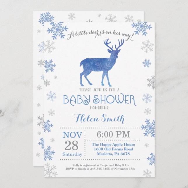 Deer Winter Blue Boy Baby Shower Snowflake Invitation (Front/Back)