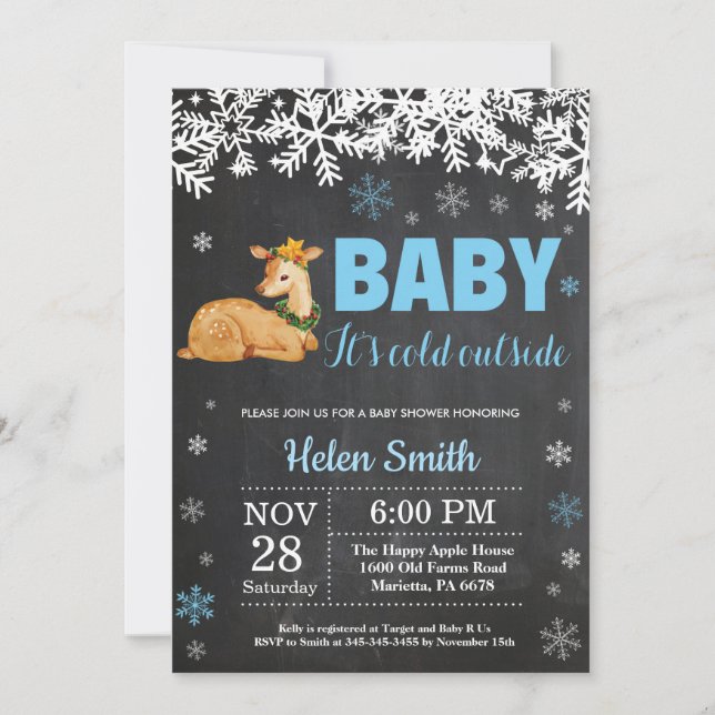 Deer Winter Boy Baby Shower Chalkboard Invitation (Front)