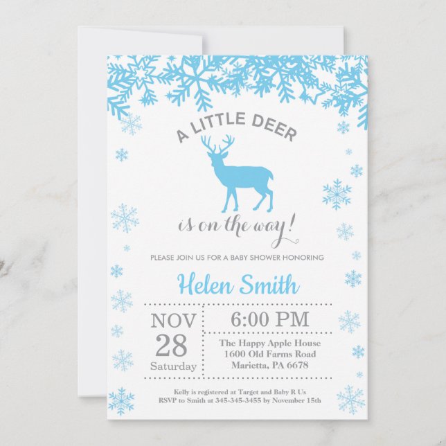 Deer Winter Boy Baby Shower Snowflake Invitation (Front)