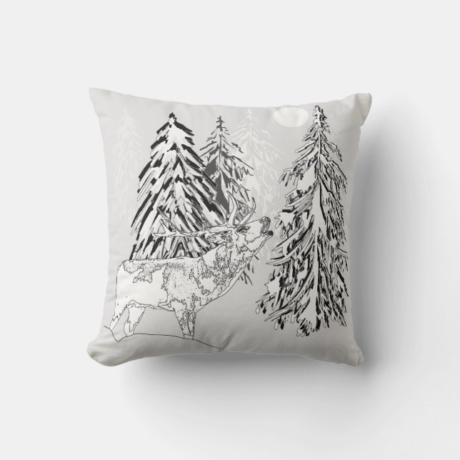 Deer , winter, forest, Christmas trees, monochrome Cushion (Front)