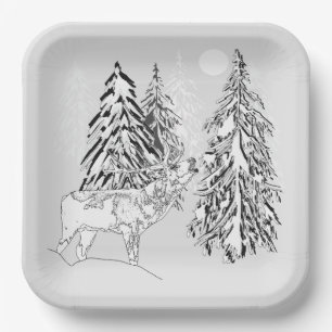 Deer , winter, forest, Christmas trees, monochrome Paper Plate