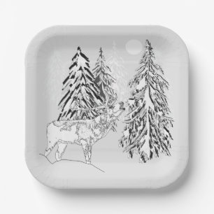 Deer , winter, forest, Christmas trees, monochrome Paper Plate