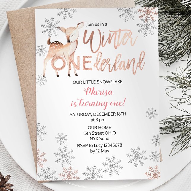 Deer Winter ONEderland Birthday Invite Rose Gold (Creator Uploaded)