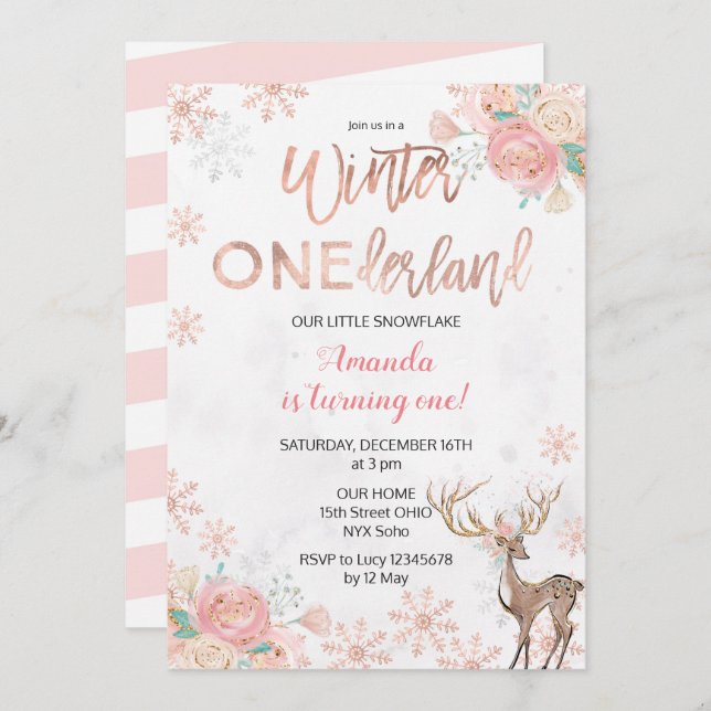 Deer Winter ONEderland Snow Birthday Invite (Front/Back)