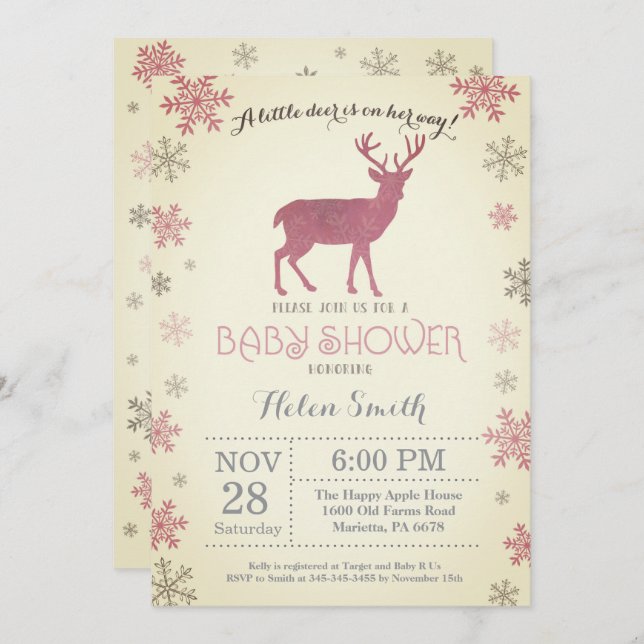 Deer Winter Pink Girl Baby Shower Snowflake Invitation (Front/Back)