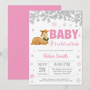 Deer Winter Pink Girl Baby Shower Snowflake Invitation